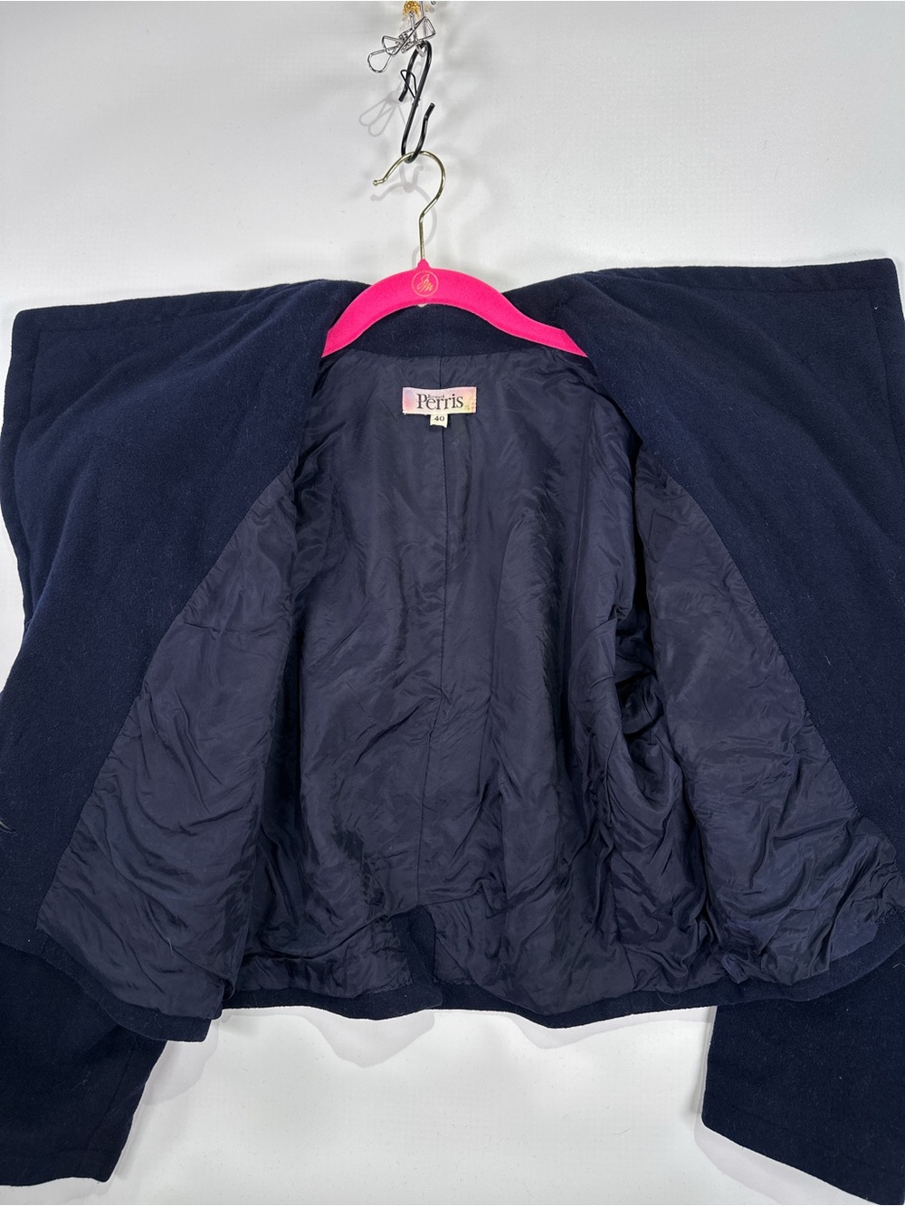 Bernard Perris Vintage Cropped Asymmetrical Wool Blazer Navy 40 - Picture 5 of 11